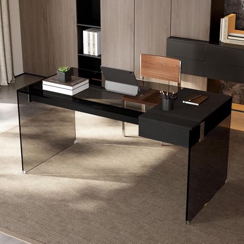 NessCarsti 53.14' Modern Tempered Glass Executive Desk with Drawer, Black Wood Finish and Tempered Glass Legs – Minimalist Stylish Workstation Table for Home Office