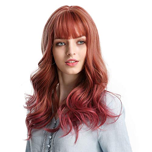 ATAYOU® Parrucche per Capelli Sintetiche Resistenti al Rosso Chiaro Ondulate Lunghe da Donna con Bangs Parrucca dall'aspetto Naturale per Donne Parrucche Borgogna in costume cosplay di Halloween