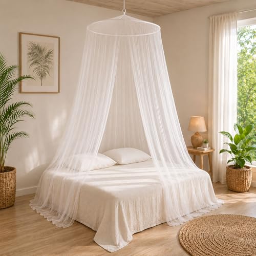 Flystopper XXL Moskitonetz Rund für Doppelbett – Extra großer Ø80 cm Ring – 14 m Umfang – 300 Mesh – 2 Eingänge – Weiß
