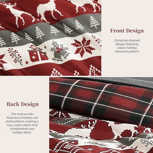 Image of MaiReve Christmas Queen Comforter Set, Red Reindeer Snowflake Bed Set for Holiday, Reversible Plaid Checkered Comforter Bed in a Bag, Soft Bedding Set 7 Pieces with Sheets, Pillowcases & Shams