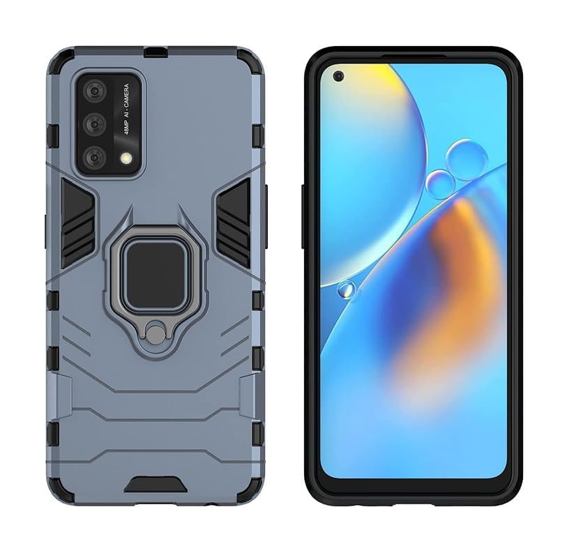 Image of FitSmart Protective Rugged Hybrid Robot Armor Hard Back Cover with Ring Kickstand Case for Oppo A55 4G - Blue