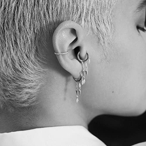 14K Real Solid Gold Spike Drop Huggie Earring Cartilage Upper-Lobe Helix Tragus Conch Hinge Huggie Hoop Ear Piercing Jewelry 1 Pcs (White Gold) #TOP3