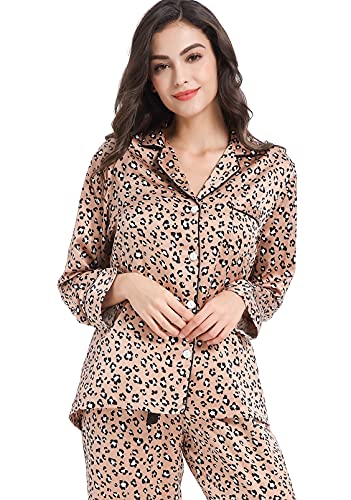 Image of Serenedelicacy Women's Satin Pajama Set Long Sleeve Button Down Sleepwear 2-Piece Silky Pj Set