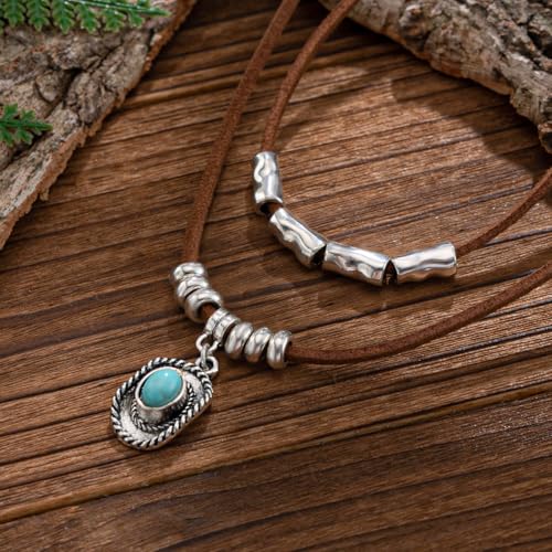 Boho Necklaces for Women Western Jewelry for Women Cowboy Cowgirl Accessories Vintage Leather Necklace with Star Cactus Beads Coin Hat Pendant Necklace Turquoise Jewelry3