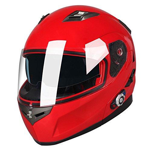 FreedConn BM2-S Bluetooth Motorcycle Helmet, Flip-Up Modular Motorbike Helmet, 500M Connectivity for 2-3 Riders, Voice Dial, Hands-Free Call, MP3, FM, DOT Certified (Large, Red)