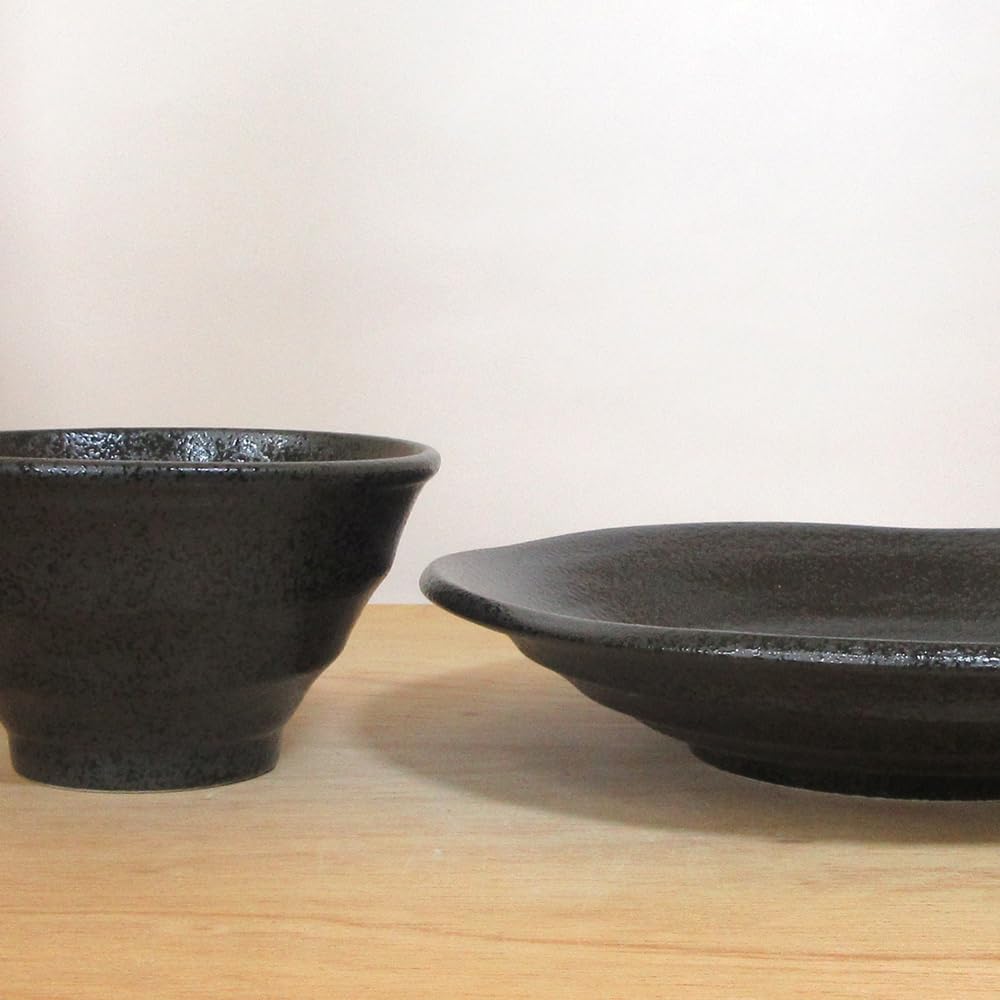 Amazon.co.jp: つけ麺 器 14cm丼と24cm深皿のセット 黒ゆず渦紋 業務用