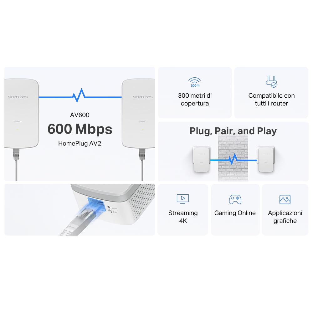 MERCUSYS MP300 KIT Powerline Kit Homeplug AV2 Fino a 600Mbps, Fino a 300 Metri, Porta LAN, Plug and Play, Compatibile con Tutti i Router, Risparmia fino all'85% sull'Energia
