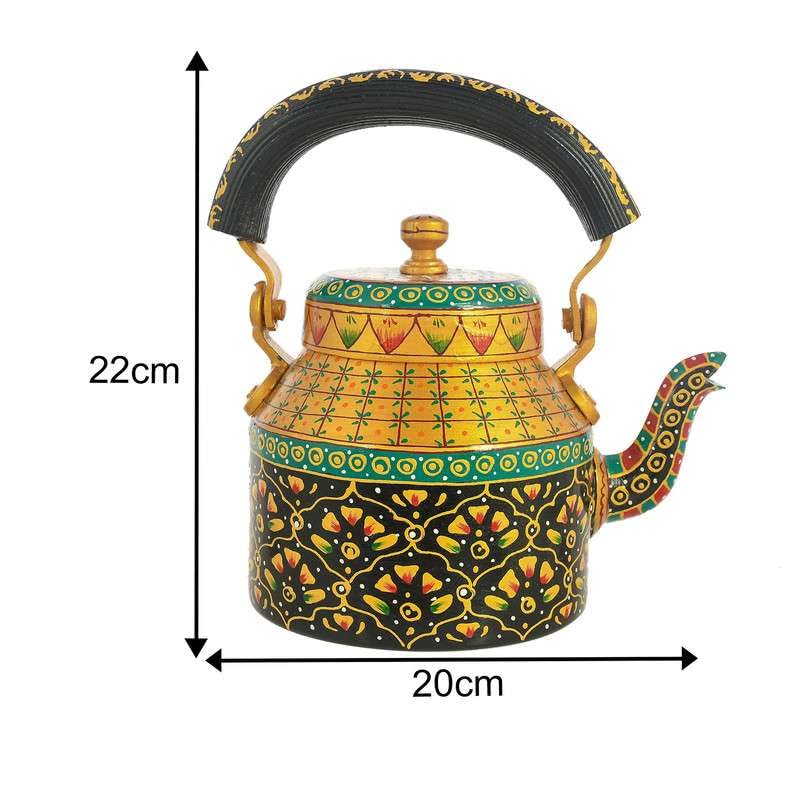 Image of Handpainted Alluminium Tea Kettle with Four Glasses and Wooden Tray for Home Dcor Tea Party Serving -03