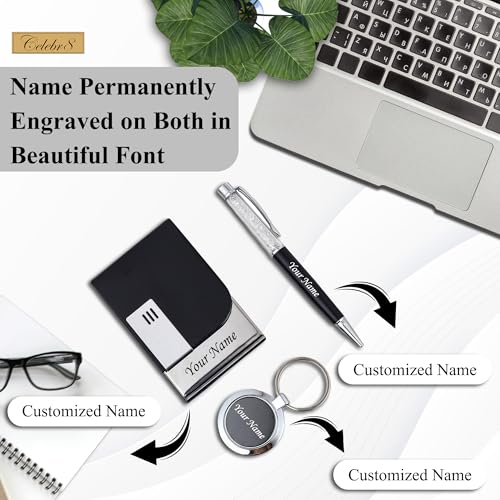 Image of Celebr8 Personalized, Custom Name Engraved Card Holder, Ballpoint Pen & Keychain Combo Gift Set for Men & Women, Gift for Father /Papa /Daddy