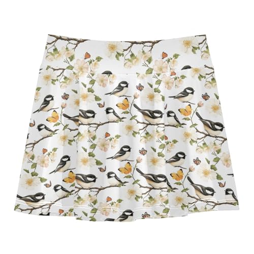 Spring Birds Girls Skorts with Built-in Shorts Flowy Skorts for Little Girl Pleated Skirt for Kids with Pockets 4-12Y