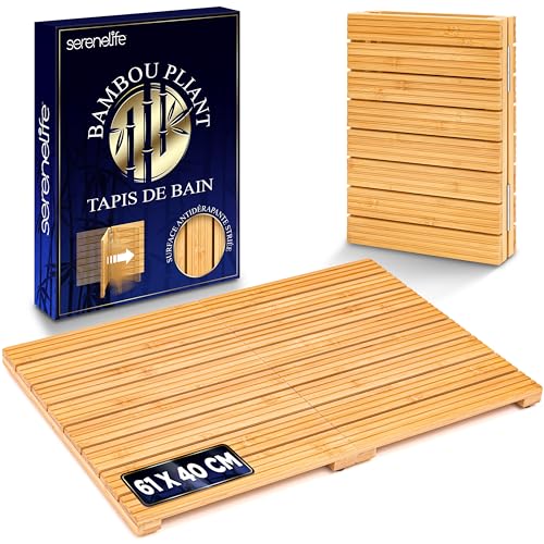 SereneLife Tapis de Bain et de Douche Pliable en Bambou Naturel – Tapis de Sol Antidérapant pour Salle de Bain, Spa ou Sauna, Double Surface Antiglisse,...