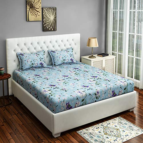 Image of Swayam Roto Cotton King Fitted Bedsheet with 2 Pillow Covers | 144 TC Soft Breathable Bed Sheet | Floral Printed | Size 72 x 78 x 10 inch | Comfortable & Durable for Bedroom - Blue