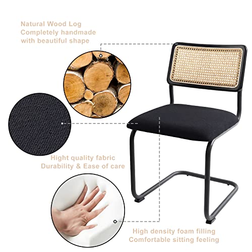 Grandnoor Rattan Dining Chairs,Wooden Mid-Century Modern Kitchen Chairs, Armless Mesh Back Cane Chairs, Upholstered Boucle Chairs With Metal Chrome Legs, Set Of 2 (Black, 2Pcs-Dining Chairs) #TOP3