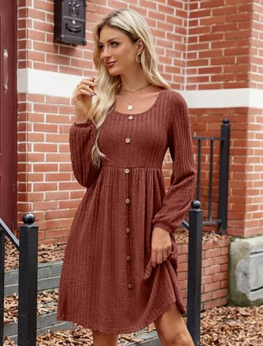 JUSTFASHIONNOW Womens Knit Dress Long Sleeve Knee Length Dresses Button Fall Dress with Pockets Trendy 20253
