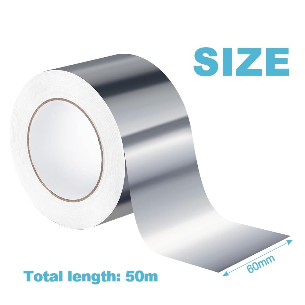 Cinta Adhesiva de Aluminio, 60mm x 50m Cinta Aluminio Adhesiva Impermeable y Resistente al Calor y altas temperaturas para Sellar Sistemas, conductos y Aire Acondicionado