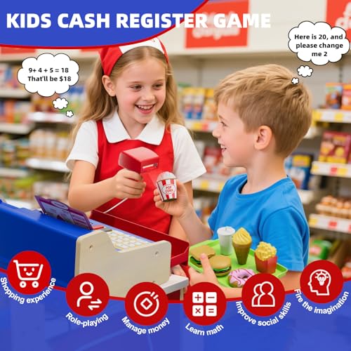 Image of HYES Rechargeable Wooden Cash Register for Kids, Toy Cash Register with Play Money, Toy Food, Pretend Play Supermarket & Fast Food Restaurant, Toddler Learning Toys for Boy & Girl Age 3-5, Blue