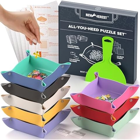 Newverest All-You-Need Puzzle Set: 8 Puzzle Sorting Trays for up to 2000 Pieces, 6 Glue Sheets, 1 Large Scraper & 2 Adhesive Hangers in Gift-Ready Packaging – Must-Have Saver Kit for Puzzle Lovers Cover