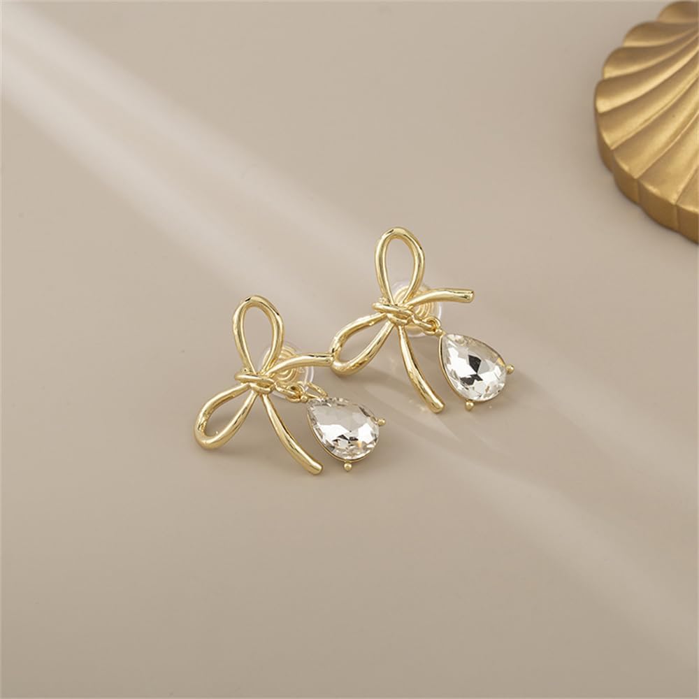 Clip on Bow Stud CZ Teardrop Dangle Drop Earrings for Women Non Pierced Ear Dainty Gold-Plated Lightweight Dangling Hypoallergenic Cuff Wrap Fashion Jewelry for Christmas Birthday Her - Image 4