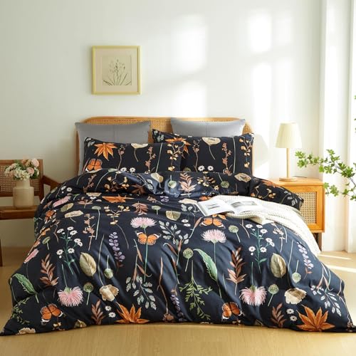 CoutureBridal Floral Duvet Cover Queen Size Black Duvet Cover Set with Pink Floral Colorful Botanical Yellow Butterfly 3D Printed Bedding Set 3 Pcs Soft Microfiber Comforter Cover with Zipper Ties
