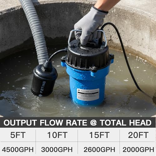 Image of FOTING 3 /4HP Submersible Sump Pump,4500 GPH Cast Iron Sewage /Effluent Pump,Automatic Tethered Float Switch,Septic Pump for Basement,Septic Tank,Basin,Sewage Well,1-1 /2 inch NPT Discharge, Blue