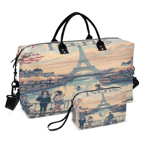 Paris France Eiffel Tower Painting Large Travel Duffle Bag Weekender Overnight Bags Gym Yoga Bag for Women Men with Toiletry Bag