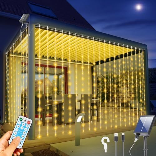 Upgraded Solar Curtain Lights 600 LED Outdoor Waterfall String Lights Waterproof 8 Modes Remote Type C Charging Hanging Twinkle Fairy Lights Dimmable for Christmas Gazebo Party Wedding Window