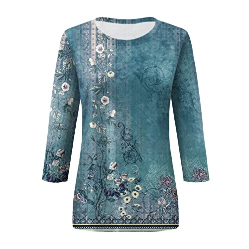 HTHLVMD Womens 3/4 Length Sleeve Tops 2025 Fall Fashion Floral Print Crewneck Causal Trendy Tunic Tops for Women