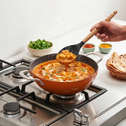 Image of CUMIN CO. Enamel Cast Iron Kadai LITE with Lid | 4L, 28 cm |5 Years Warranty | Non Toxic Heavy Bottom Kadhai for Frying | Induction & Gas Compatible | Chemical Free Coating | Color: Rust