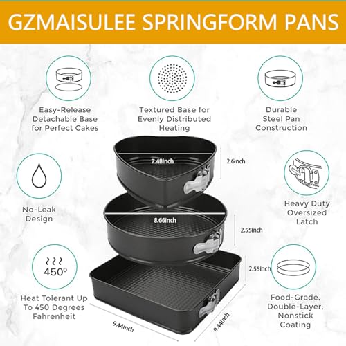 GZMAISULEE Springform Cake Pan Set of 3 (7, 8, 9 Inch) Heart Round Square Leakproof Nonstick Cheesecake Pans with Removable Bottom Carbon Steel Bakeware