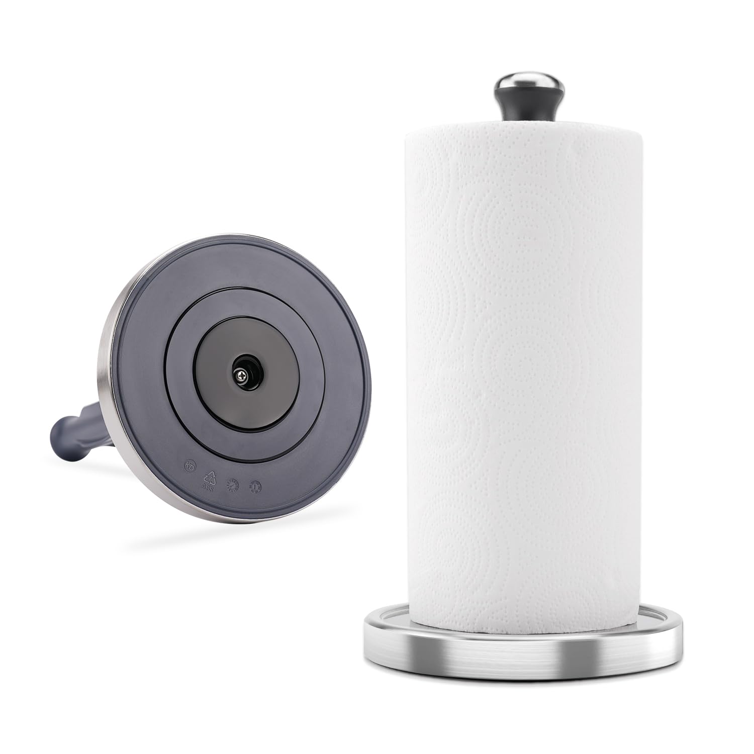 KITCHENDAO Paper Towel Holder Countertop, Smooth Rotation One-handed Tear, Standing Paper Holder with Weighted Base Non-slip PU Glue, Stainless Steel Paper Roll Holder for Kitchen