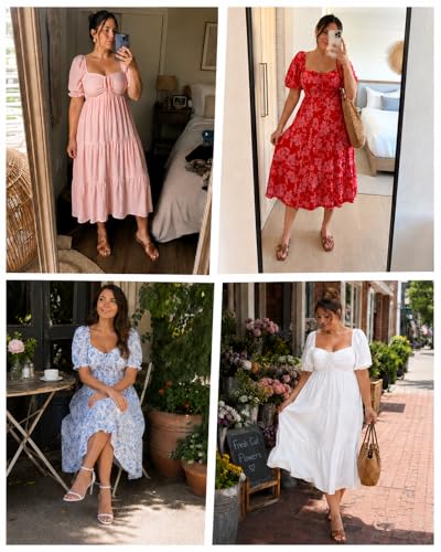 Image of Plus Size Summer Dresses - Sweetheart Neck Drawstring Puff Sleeve Casual Tiered Aline Flowy Midi Dress