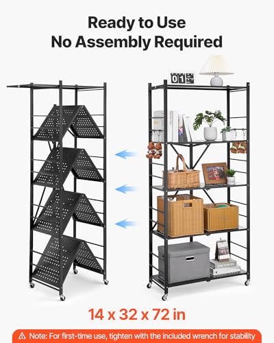Image of VEVOR 5-Tier Foldable Storage Shelf, 32W x 14D x 72H Inch Folding Metal Rack Shelving Unit, Heavy Duty No Assembly Organizer Shelf with 5 Wheels & 4 Hooks for Pantry, Kitchen, Garage, Basement, Black