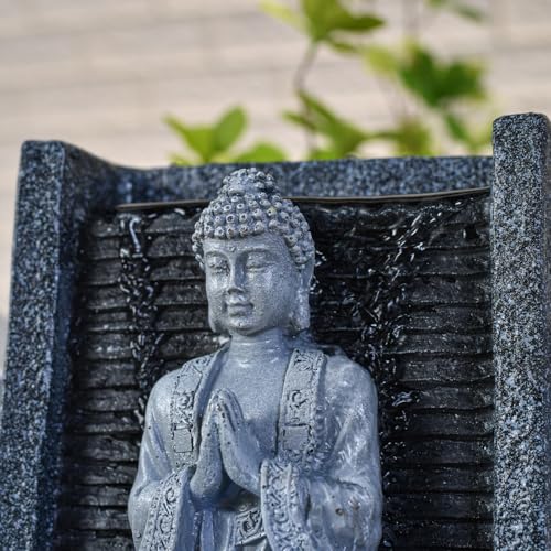 Zen'Light - Zimmerbrunnen Nirvana - Wasserfall mit Buddha & Weißer LED-Beleuchtung - Moderne Zen Deko, Ideal für Meditation & Entspannung - Feng Shui - H 26cm, Grau