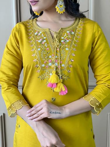 Image of Naixa Women's Mustard Chanderi with Cotton Lining Embroidered Straight Kurta with Chanderi Silk Pant and Crep Silk Printed Dupatta Sets (NX2-556)