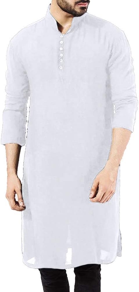 Taoliyuan Mens Abaya Thobe Arabic Longline T Shirts Henley Kaftan Banded Collar Plain Gown Shirts White