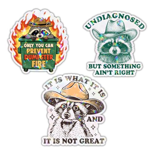 Image of VOTANTA (3 Pcs, 3 inch) - Funny Raccoon Holographic Stickers, Undiagnosed But Something Ain't Right Meme Sticker, Only You Can Prevent Dumpster Fire Decal Decoration for Laptops, Phones, Bottles