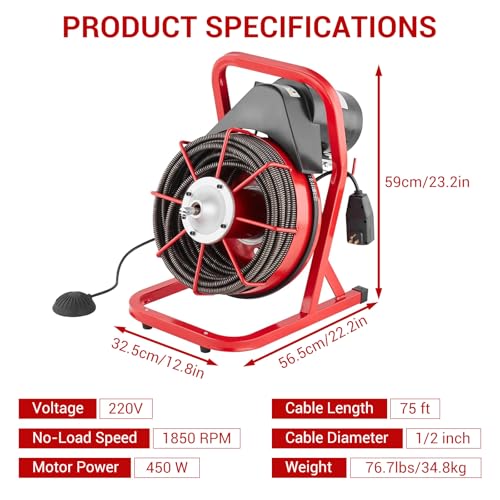 75FT x 1/2in Drain Cleaner Machine, 400W Electric Drain Snake with 6 Cutters & Foot Switch for 1" to 4" Pipes, Heavy Duty Sewer Auger for Sinks, Toilets, Showers