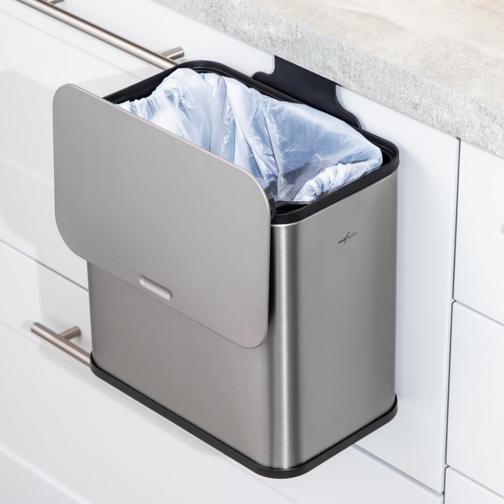 Red Factor - Cubo de basura de compost (acero inoxidable, con tapa filtrante, 5 L, sin olor, cubo de residuos de cocina para puerta de armario, encimera o debajo del fregadero (gris metálico)