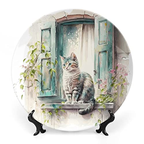 Gokays Piatti decorativi da appendere alla parete, gatto sulla finestra, piatto in ceramica, piatto oscillante con espositore, decorazione per la casa per mobili da cucina, vassoio rotondo da 18 cm