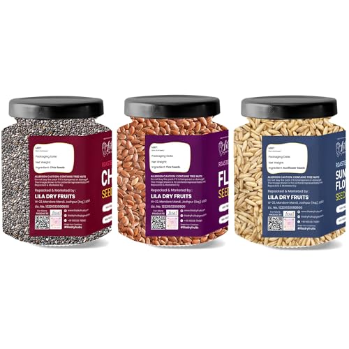 Image of LILA DRY FRUITS Roasted Chia Flax Sunflower Seeds Combo Pack 600 g (200g x 3) | Women Wellness Trio | Crunchy Seeds Mix for Daily Nutrition | Healthy Snack for Hair Skin & Gut Care Perfect for Gifting
