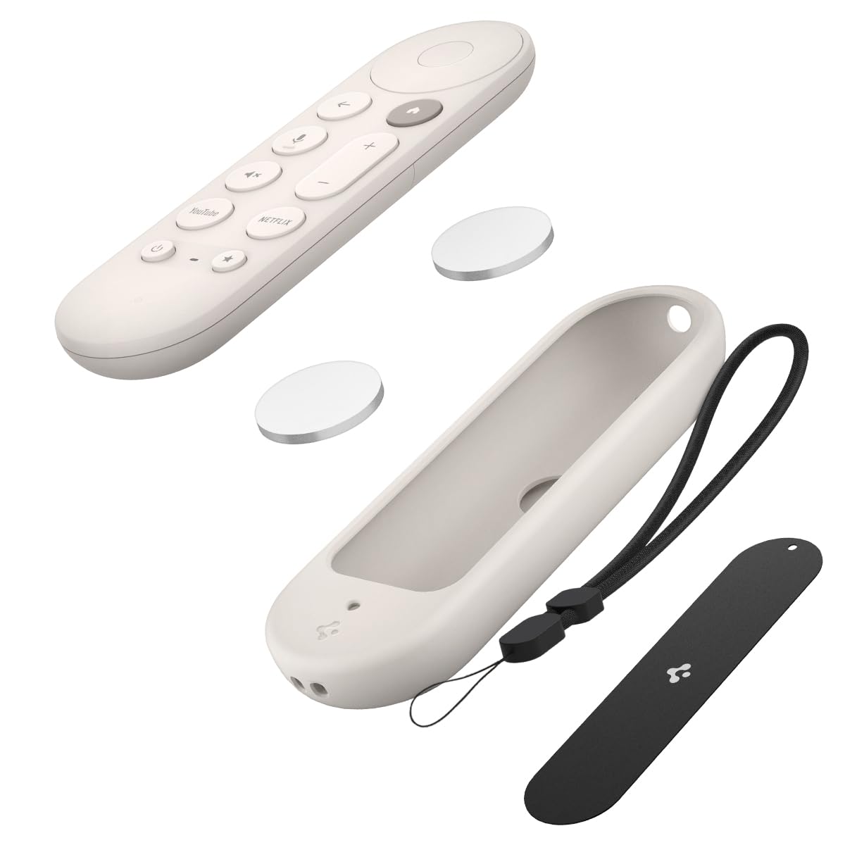 Spigen Silicone Fit Designed for Google TV (4K) Voice Remote 2024 Remote Case Cover with Shockproof Magnetic Technology and Wrist Strap (Metal Plate and Magnetic Included) - Porcelain