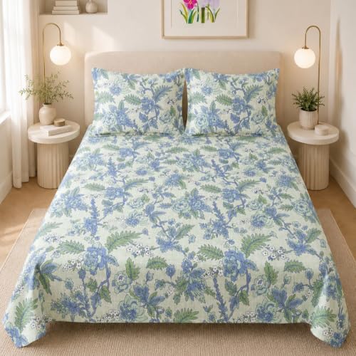 Image of LANE LINEN Symphony 100% Cotton 144TC Double Bedsheet Set, 3 Piece, Printed | Printed 3-Piece Set With 1 Double Flat Bedsheet (2.29 x 2.54 m), 2 Pillow Covers, 144 TC, Soft & Breathable Cotton