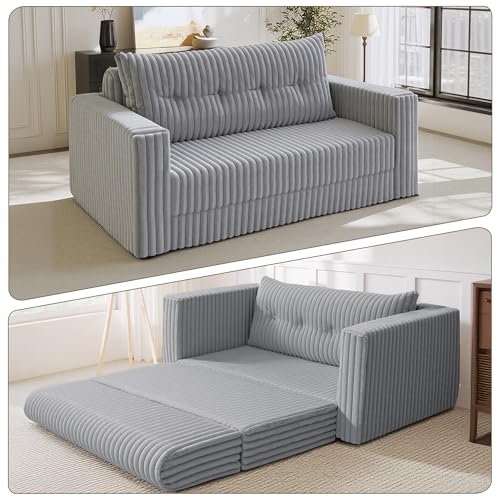 Image of HABUTWAY 49.8 inch Loveseat Boneless Couch, 4-in-1 Convertible Sofa Bed, Plush Fur Folding Futon Sofa Bed Couches with a Pillow for Living Room, High-Density Foam Support, No Assembly Required, Light Grey