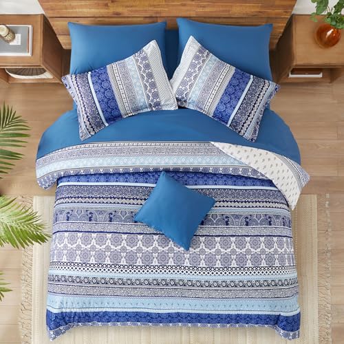 WONGS BEDDING Bohemian King Size Duvet Cover Set Royal Blue Colorful Boho Striped Bedding Set with 2 Pillowcases Soft Microfiber Moroccan Quilt Cover 220x230cm