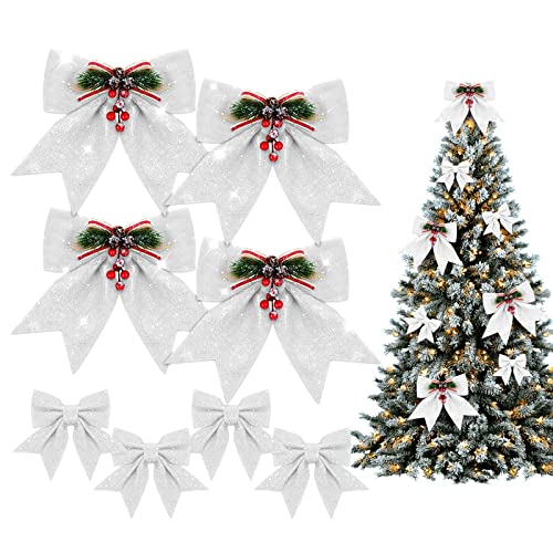 MJARTORIA Juego de 8 cintas de lazo de Navidad, coronas rojas, arcos, decoraciones grandes con purpurina para árbol de Navidad, para envolver regalos, decoraciones de fiesta en el hogar (blanco) Cover