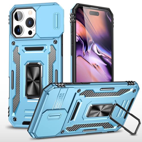 Image of Polycarbonate Slide Camera Cover with Ring Holder Mobile Phone Back Cover for iPhone 16 Pro (Blue)