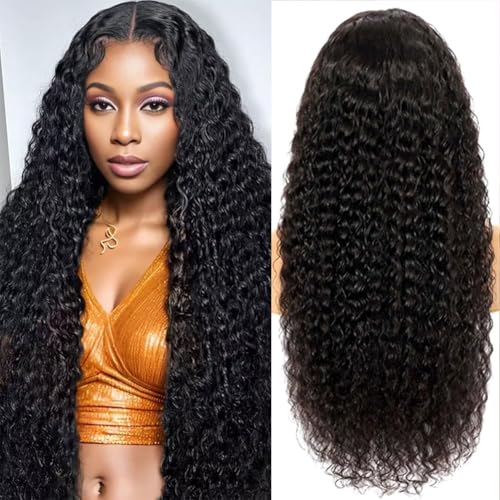 13x6 Deep Wave Lace Front Wigs Human Hair 28 Inch 200 Density HD Lace Frontal Glueless Wigs Human Hair Pre Plucked Deep Curly Natural Black