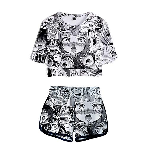 2 Piece Ahego Outfits for Women Short Sleeve Crop Top and Short Pants Sets (Black and Gray, Large)
