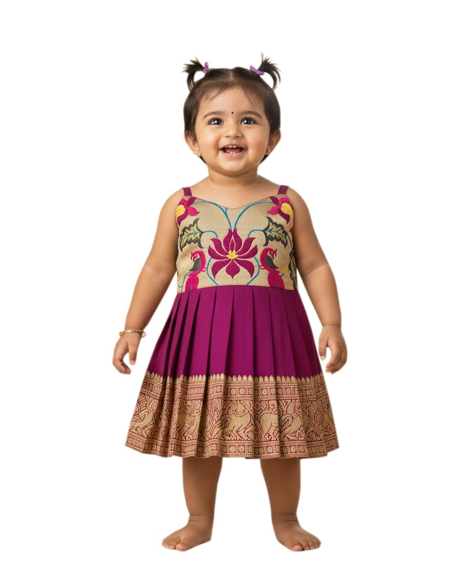 feliz the designer studio South Indian Readymade Traditional Pattu Pavadai Jacquard Frock Dress for Baby Girls-picture-17