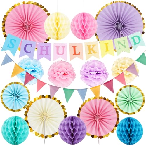 Einschulung Deko Mädchen 2026 Pastell Schulkind 2026 Mädchen Junge SCHULKIND Girlande Wimpelkette Pompons Wabenbälle Papier Fächer Pastell Schulanfang Deko Set